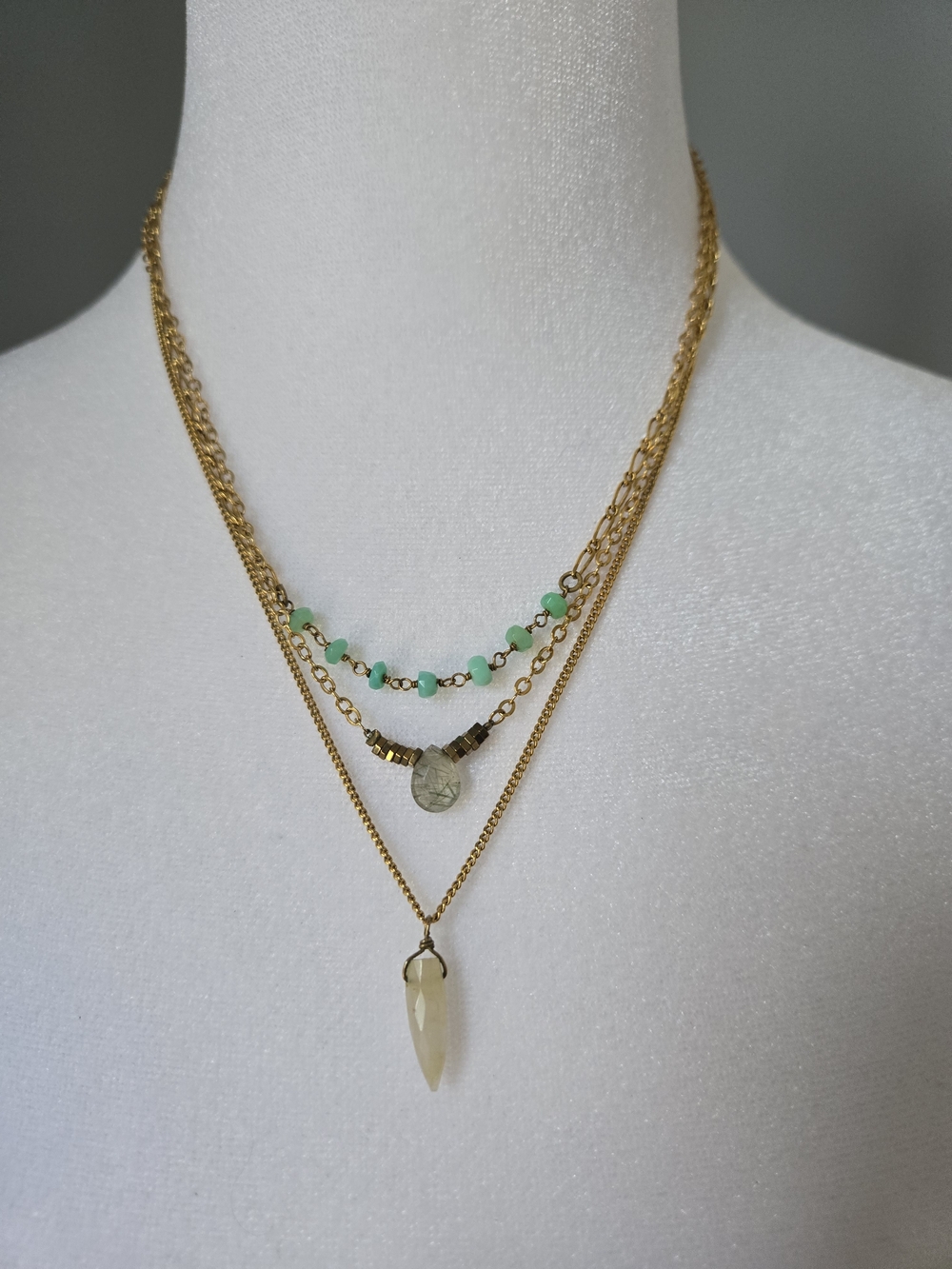 Layered Gold Necklace with Mint Beads and Cream Pendant